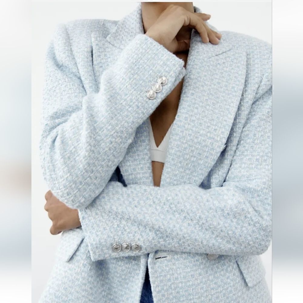 ZARA BLOGGERS FAV NEW DOUBLE BREASTED TEXTURED WEAVE blazer SKY BLUE 7553 144